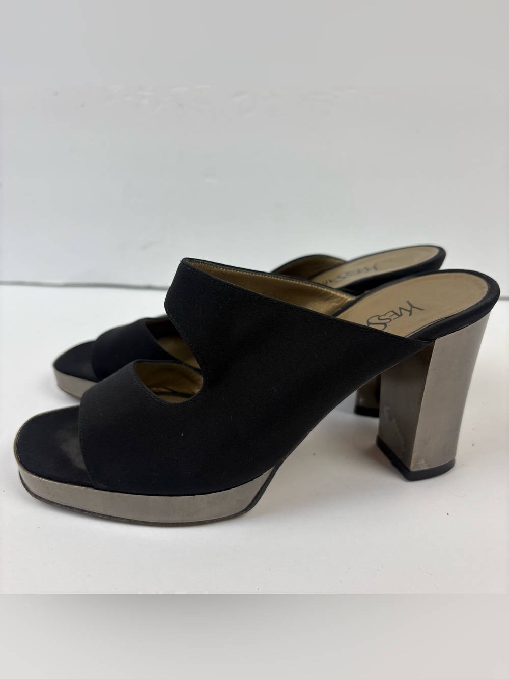 YSL Yves Saint Laurent Black Silver Block Heels Open Toe Shoes Women’s Size 5.5
